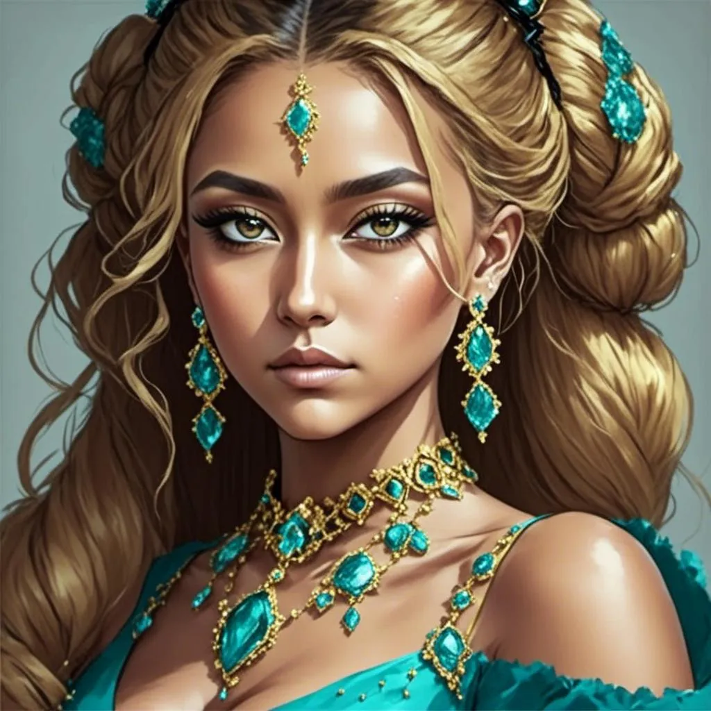 Prompt: <mymodel>An extremely gorgeous woman,  with turquoise jewels, in color scheme of turquoise and gold