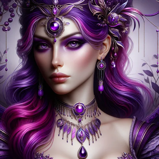 Prompt: a woman with purple hair wearing a purple dress and jewelry with a necklace and earrings on her neck and a necklace with a tear shaped drop, Charlie Bowater, fantasy art, highly detailed digital painting, a photorealistic painting