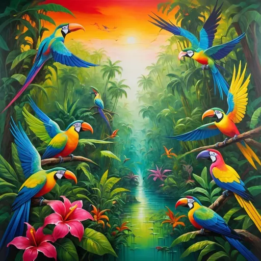 Prompt: Vibrantly colored, surreal landscape, oil painting, lush greenery, lively wildlife, high color saturation, abstract, vivid colors, dreamlike, tropical paradise, exotic birds, jungle foliage, vibrant atmosphere, rich textures, high quality, oil painting, surreal, vibrant, lively, dreamlike, tropical, exotic, abstract, vivid colors, lush greenery, wildlife, atmospheric lighting