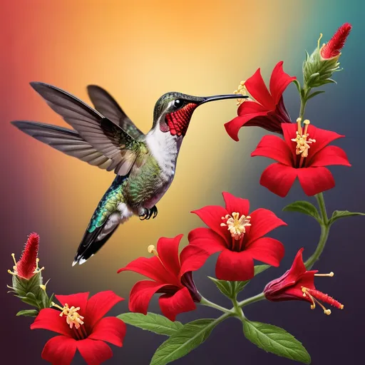 Prompt: A hummingbird feeding from a red flower