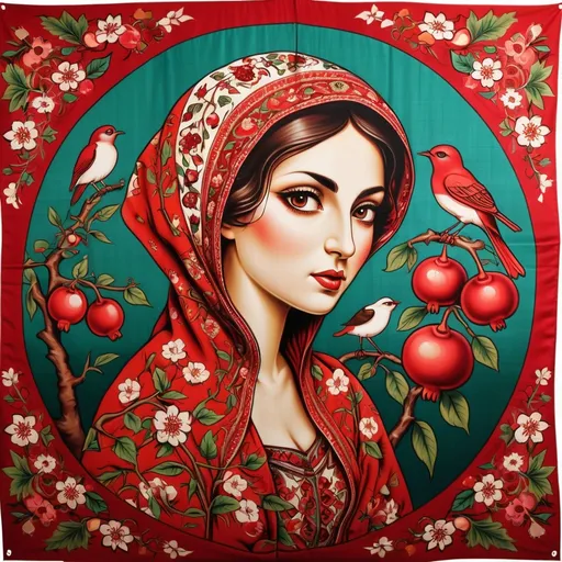 Prompt: A colorful design in the dimensions of 140centimeteres by 140 centimeters. It's main theme is red and white. There are pomegranates and cherry blossoms. with some green leaves and branches. It has some birds. Traditional Iranian style