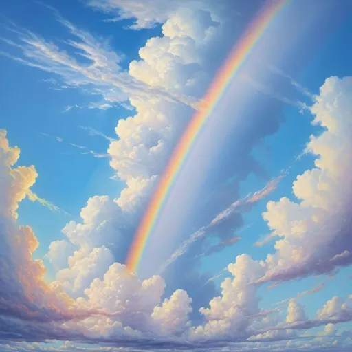 Prompt: Vibrant, realistic painting of a stunning rainbow in a clear blue sky, high quality, realistic, vivid colors, detailed clouds, natural lighting