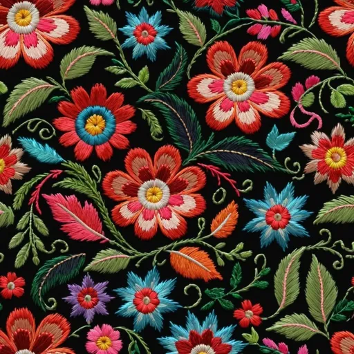 Prompt: Seamless pattern, embroidery design, colorfull threads, flowers and leaves, russian style, high resolution image