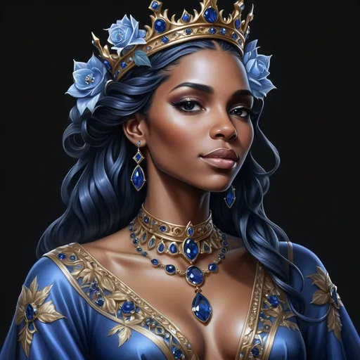 Prompt: a stunning black woman with a crown on her head and a necklace on her neck of sapphires, in a blue dress with flowers, Anne Stokes, fantasy art, highly detailed digital painting, a detailed painting