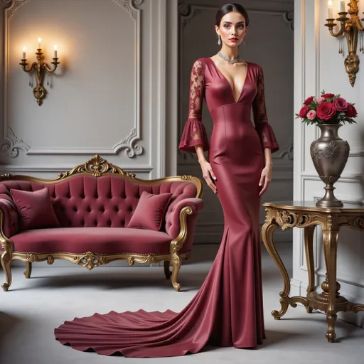 Prompt: Set against an opulent backdrop of intricately designed walls and elegant furnishings, a striking figure stands poised in a lavish red gown that features a deep V-neck and delicate lace sleeves. The woman’s sophisticated look is complemented by a sleek hairstyle and tasteful jewelry, including a statement necklace. She confidently rests one hand on her hip, projecting an air of grace and elegance amidst the sumptuous decor, which includes a rich burgundy sofa and an ornate table with a floral arrangement. The warm lighting from ornate wall sconces casts a soft glow over the scene, enhancing its luxurious atmosphere and conveying a mood of refined beauty and sophistication.
