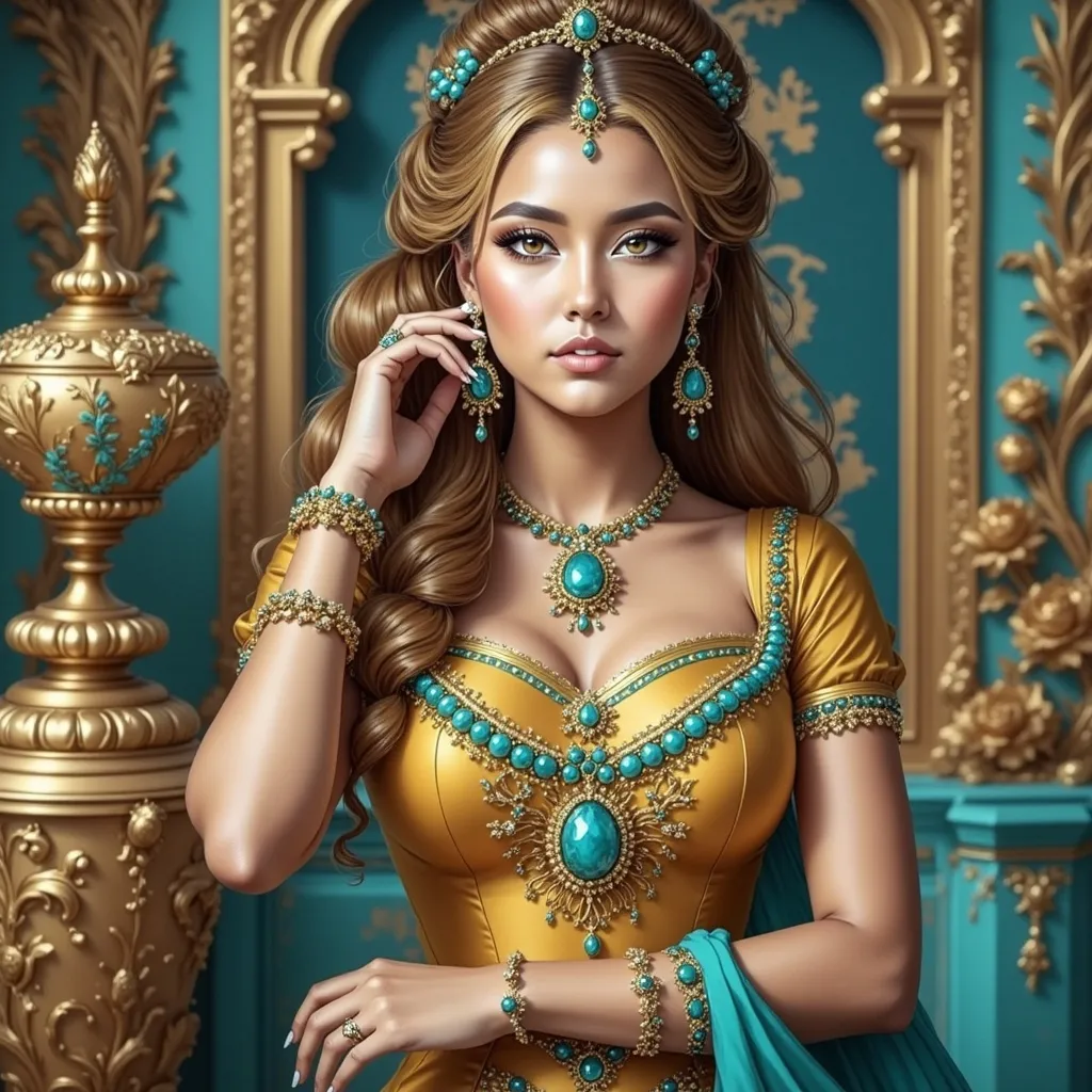 Prompt: <mymodel>An extremely gorgeous woman,  with turquoise jewels, in color scheme of turquoise and gold