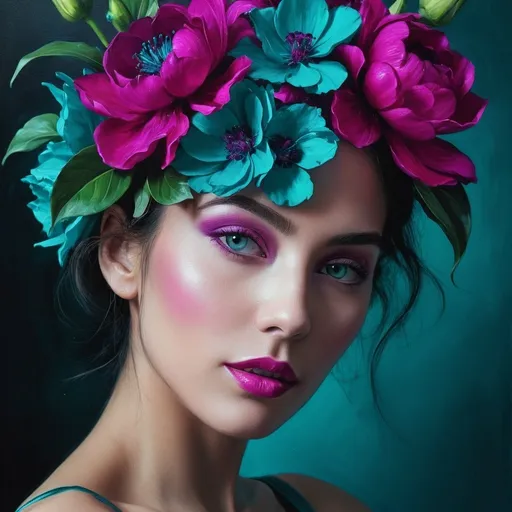 Prompt: <mymodel>Magenta and teal beauty, vivid colors, high contrast, detailed floral arrangement, oil painting, vibrant, realistic, 4k, ultra-detailed, surreal, dynamic lighting, luxurious, botanical, rich textures, modern, decorative, elegant composition