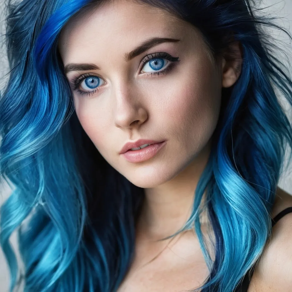 Prompt: A pretty woman with blue hair and big blue eyes