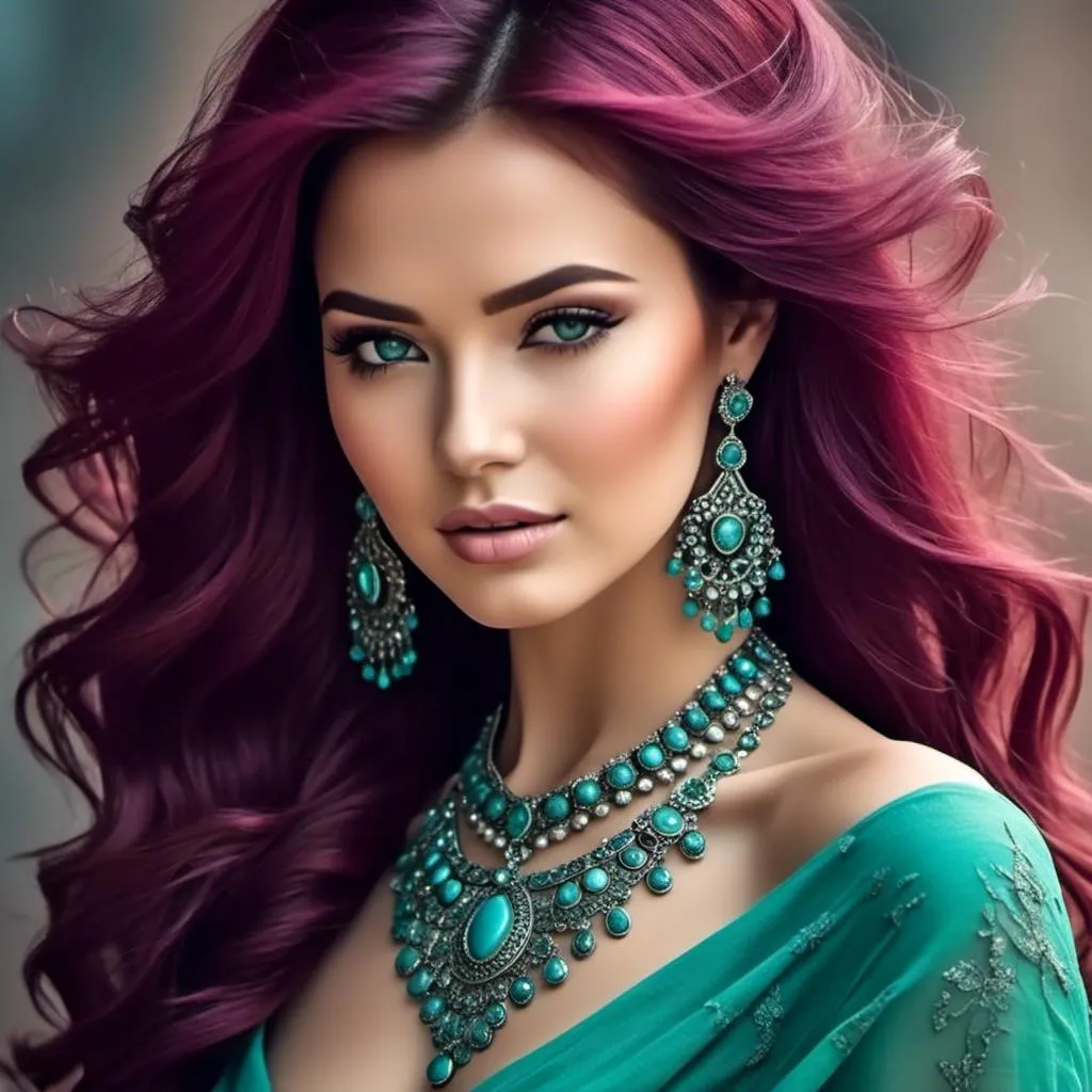 Prompt: <mymodel>An extremely gorgeous woman,  with turquoise jewels, in color scheme of turquoise and magenta