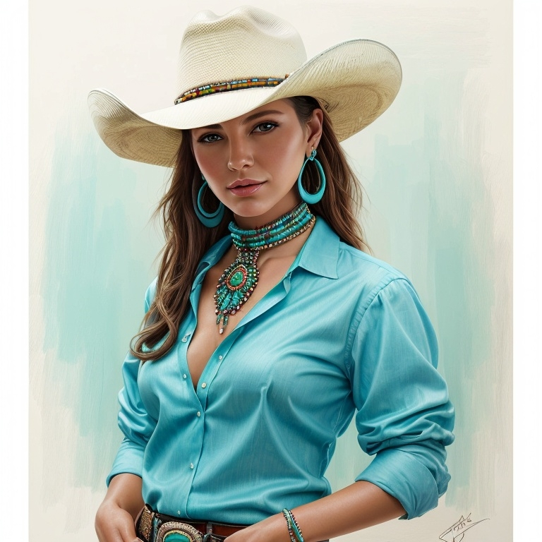 Prompt: a painting of a woman wearing a cowboy hat and a turquoise shirt with a turquoise beaded collar and turquoise earrings, Artgerm, figurative art, highly detailed digital painting, a digital painting