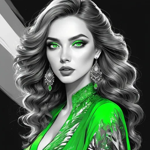 Prompt: <mymodel>Detailed illustration of a woman in vibrant green attire, large vivid green eyes, elegant makeup, digital painting, high resolution, realistic style, vibrant green, professional lighting