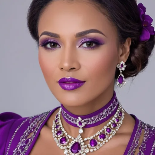 Prompt: lady in purple high class attire, facial closeup