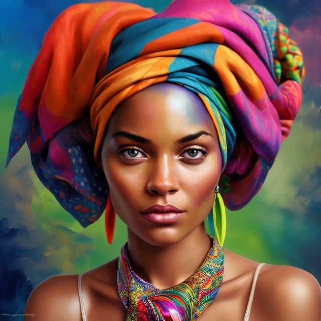 Prompt: a woman with colorful hair and a colorful head scarf on her head, wearing a colorful head scarf and a necklace, Edwin Georgi, photorealism, highly detailed digital painting, a photorealistic painting