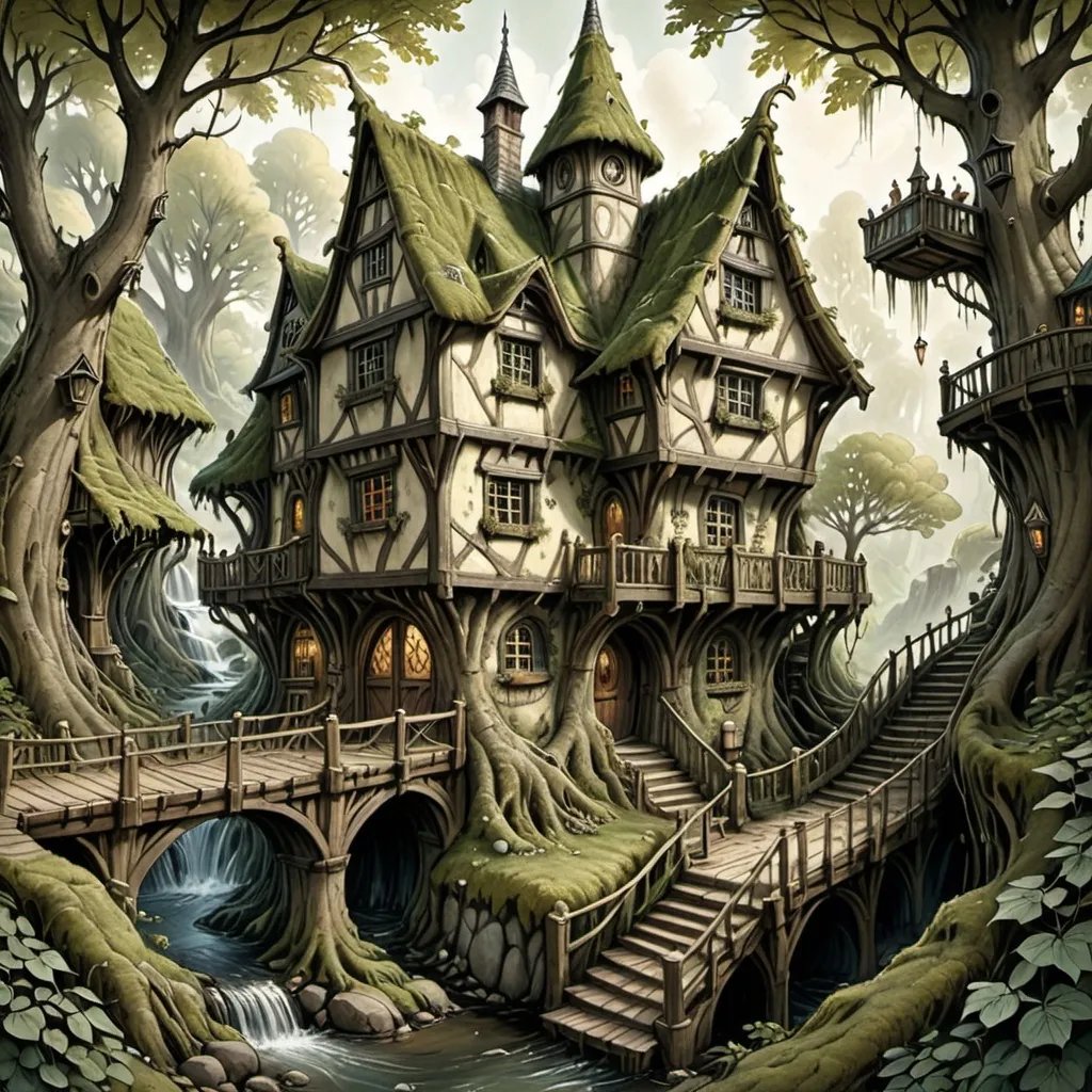 Prompt: Anton Pieck style illustration of a large medieval fantasy treehouse tavern build in a large continuous willowing tree, leafy roof, mossy, inviting entrance with bridge, connected paths, in a wild forrest, flowing stream, waterfall, vintage paper texture, intricate line work, high detail, mystical atmosphere, warm and nostalgic tones, soft lighting, high quality, warm window lighting