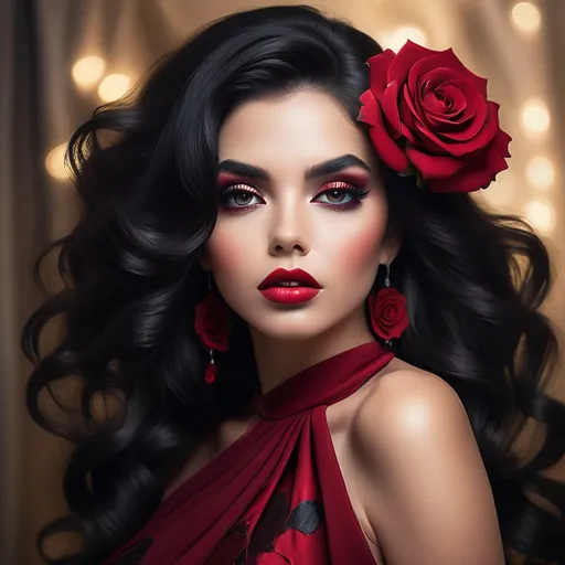 Prompt: Radiating a mesmerizing allure, a striking woman with cascading, voluminous black hair captivates with her intense gaze and bold makeup. Her lips are painted a deep crimson, perfectly complementing the intricate red dress adorned with fabric roses that accentuates her silhouette. Adorning her hair is a large red rose, adding a touch of romance to her elegant appearance. The warm, soft lighting in the background creates an inviting ambiance, while softly glowing candles hint at a sophisticated, intimate setting, together crafting a mood that is both sultry and enchanting. The overall composition enhances the dramatic effect, drawing the viewer's focus entirely to her captivating presence.