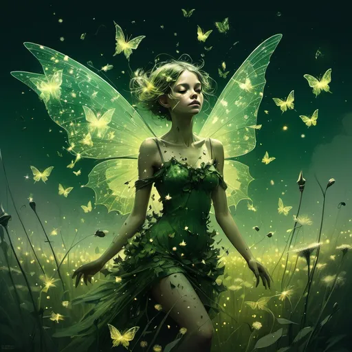Prompt: Dynamic Cinematic View of airy fancy faery covered in green butterflies on a field of dandelions and grotesque fireflies, a scattering of sparkles in the form of butterflies, intricate shapes, sparkling fireflies waves lapping at the shore siren song, siren song, Astral, by Gustave Doré and Russ mills.