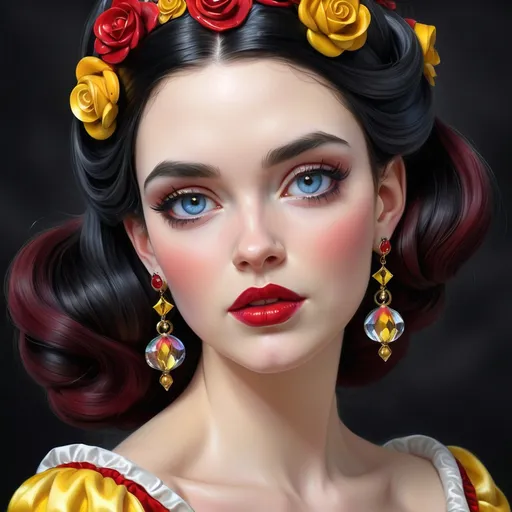 Prompt: <mymodel>Snow White.  beautiful woman, hair pinned up, yellow red black dress, earrings, Watercolor, trending on artstation, sharp focus,  by  Josephine Wall and Jasmine Becket-Griffith