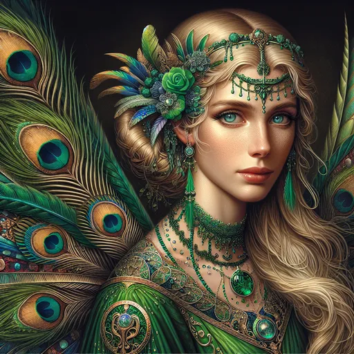 Prompt: a beautiful woman with long blonde hair adorned with peacock feathers and with green wings  on her back wearing a green dress and green jewelry, Anne Stokes, fantasy art, highly detailed digital painting, a detailed painting