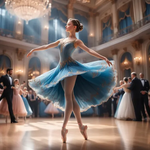 Prompt: In an opulent ballroom filled with soft, diffused light, a poised ballerina captures the audience's attention as she twirls gracefully, her vibrant blue dress billowing dramatically. The gown, adorned with elegant embellishments, accentuates her lithe figure and athleticism, showcasing her skillful performance. Behind her, a captivated crowd in formal attire, wearing muted pastel and dark suits, watches with rapt admiration, creating a contrast between the elegant dancer and the static audience. The room is grand, featuring tall columns and intricate decorations that evoke a sense of timeless beauty, while a warm, enchanting ambiance envelops the scene. This moment conveys a blend of artistry, grace, and the exhilarating thrill of performance, inviting viewers to immerse themselves in the spectacle.