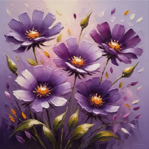 Prompt: Purple flowers, vibrant petals, high quality, oil painting, detailed textures, impressionist style, natural lighting, serene atmosphere