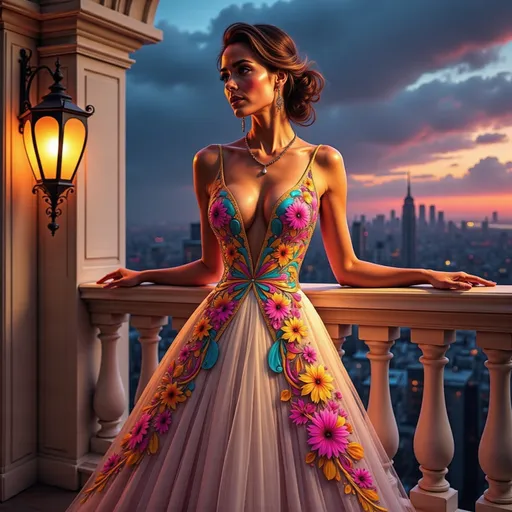 Prompt: Bathed in the warm glow of a sunset, a stunning woman stands gracefully on a balcony, her figure accentuated by a gorgeous, intricately designed gown that features vibrant floral patterns in hues of pink, blue, and yellow. The dress, with its deep neckline and flowing skirt, cascades elegantly towards the ground, catching the soft breeze. Her hair is styled in loose curls, framing her face as she gazes thoughtfully into the distance, the city skyline sprawling behind her. The ornate architectural details of the balcony, illuminated by a vintage lantern, add an air of sophistication, while the moody, cloud-studded sky heightens the romanticism of the scene. The overall atmosphere conveys both elegance and a sense of longing, captivating viewers with its beauty.