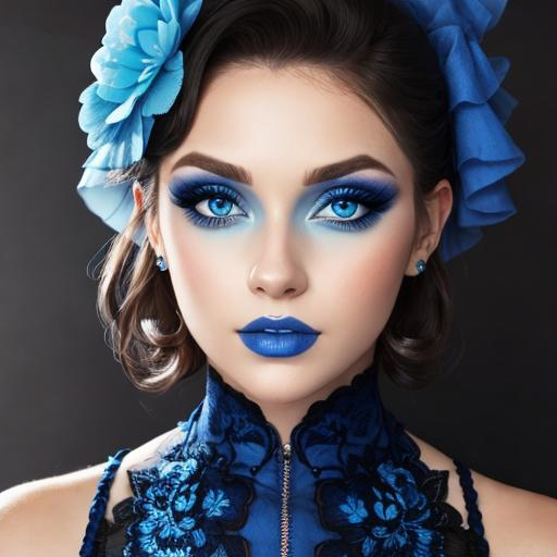 Prompt: A woman all in blue, blue eyes, pretty makeup