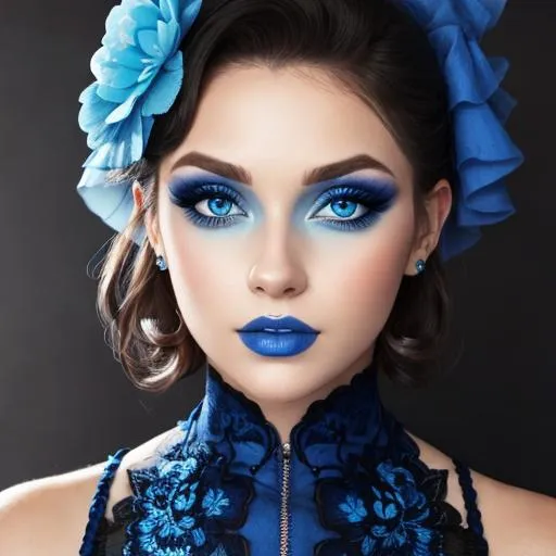 Prompt: A woman all in blue, blue eyes, pretty makeup