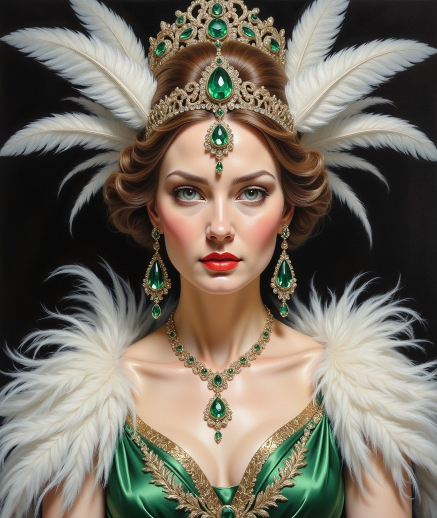 Prompt: a painting of a woman wearing a tiara and feathers on her head and a green dress with a green eyes and emerald jeweled necklace, Edwin Georgi, art deco, enoch bolles, an art deco painting