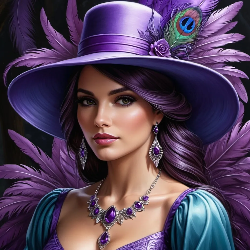 Prompt: a painting of a woman wearing a purple hat with feathers on it's brim and a purple dress, Anne Stokes, fantasy art, highly detailed digital painting, a detailed painting