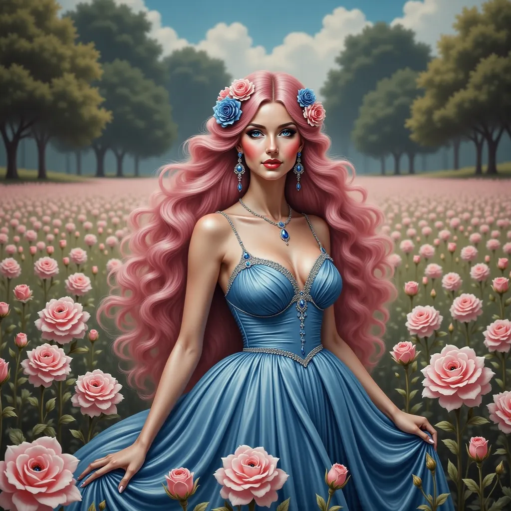 Prompt:  a woman in a field of flowers with a pink rose in her hair and a blue dress, Anna Dittmann, fantasy art, highly detailed digital painting, a photorealistic painting