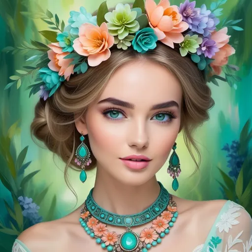 Prompt: Radiating an ethereal beauty, the young woman captivates with her enchanting floral crown adorned with vibrant blossoms in shades of turquoise, peach, and lilac. Her radiant complexion is complemented by delicate makeup, accentuating her striking green eyes and soft pink lips. In contrast to her elegance, the colorful, abstract backdrop of swirling shades of blue, green, and warm earth tones creates a captivating, forest-like atmosphere. The intricate pendant necklace around her neck echoes the floral motifs, enhancing the overall harmony of color and design. This composition embodies a whimsical yet sophisticated narrative, suggesting a connection to nature and a celebration of femininity.