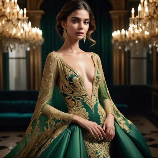 Prompt: Bathed in the warm glow of chandeliers, a stunning figure exudes elegance in a luxurious green gown adorned with intricate gold embroidery, the fabric cascading dramatically around her. Her soft, poised expression complements the graceful cut of the dress, which features a daring neckline and flowing sleeves that accentuate her movements as she delicately gestures. Set against a backdrop of lush greenery and rich, dark walls, the scene evokes a sense of opulence and sophistication, further enhanced by the elegant furnishings, including a plush sofa resting amidst the tropical foliage. The interplay of light and shadow creates a serene ambiance, capturing the essence of beauty and refinement within this captivating setting.