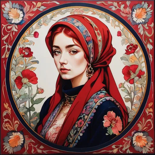 Prompt: a painting of a woman with red hair and a red head scarf with flowers on it, in a circle, Elina Karimova, qajar art, art nouveau fashion embroidered, a silk screen