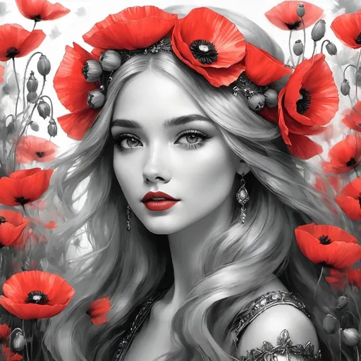 Prompt: <mymodel>Fairy princess of poppies, facial closeup, oil painting, vibrant reds, delicate features, ethereal and glowing, high detail, fantasy, floral crown, soft lighting, regal presence