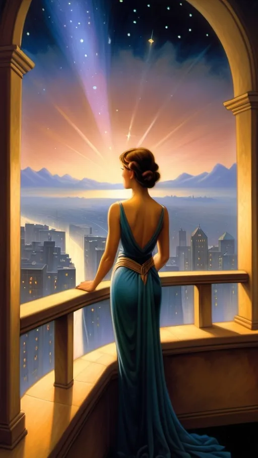 Prompt: a painting of a woman looking at the stars in the sky over a cityscape with a view of the city, Christophe Vacher, fantasy art, kinkade, an art deco painting