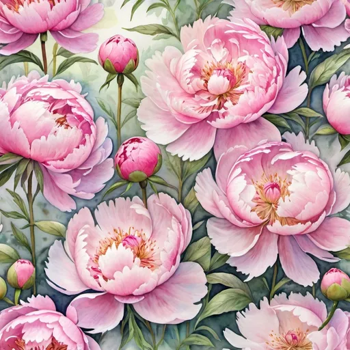 Prompt: Watercolor painting of a vibrant pink peonies garden, soft and delicate brushstrokes, floral blooms in various stages of bloom, intricate details in petals, high quality, elegant, watercolor, pink tones, delicate brushstrokes, detailed petals, garden setting, soft and natural lighting