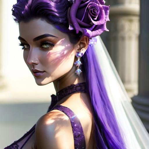 Prompt: Cosmic Epic Beauty, Beautiful and Gorgeous, purple roses in hair