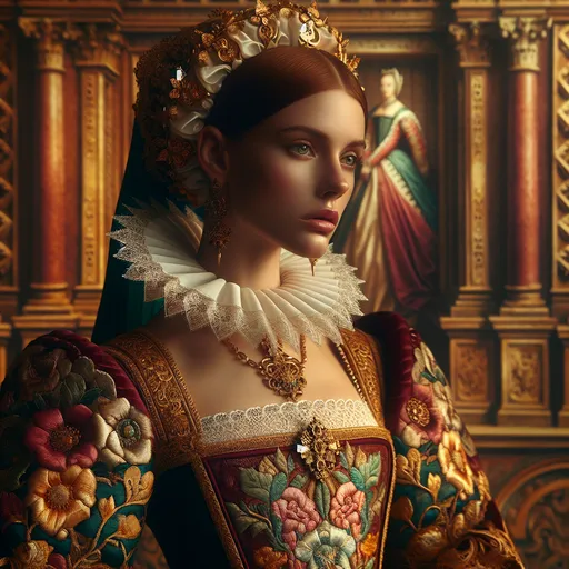 Prompt: (statuesque portrait of Anne of Cleves), vibrant Tudor-era attire, intricate lace details, embroidered patterns, serene expression, elegant pose, rich background of a historic castle, warm gold and deep crimson tones, soft diffused lighting, classical artwork style, ultra-detailed, regal atmosphere, capturing the essence of 16th-century nobility, majestic ambiance.