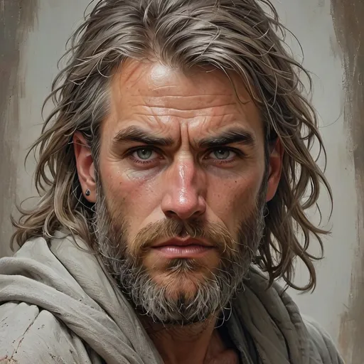 Prompt: With a piercing gaze that conveys both intensity and resolve, a rugged man stares directly into the viewer’s eyes, his expression reflecting a blend of determination and vulnerability. His disheveled hair and full beard are interspersed with hints of gray, adding to his seasoned appearance, while the earth-toned robe draped around his shoulders suggests a humble, perhaps nomadic lifestyle. The background is a warm, muted beige, which enhances the focus on his striking features and the depth of emotion in his eyes. The soft lighting accentuates the textures on his face, creating a sense of warmth and intimacy, inviting viewers into his world, as if he carries untold stories and hardships within. Overall, the image exudes a powerful narrative of resilience and strength, capturing a moment that feels both timeless and profound.