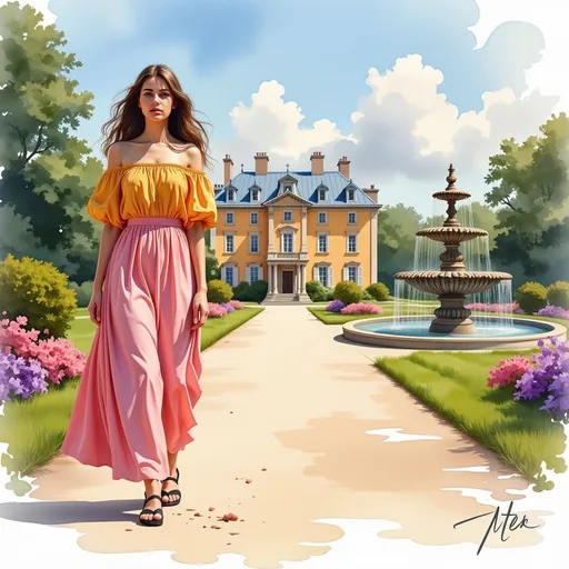 Prompt: This is a digital illustration in a realistic, yet slightly stylized manner. The central subject is a young woman standing on a light beige pathway in a lush, manicured garden. She has long, wavy brown hair, fair skin, and is wearing an off-the-shoulder, floor-length dress that transitions from bright yellow at the top to pink at the bottom. The dress has a gathered neckline and a fitted waist, accentuating her slim figure. She is also wearing black strappy sandals.

In the background, there is a large, yellow mansion with a blue roof and multiple chimneys, featuring tall, narrow windows and a central front door. The mansion is surrounded by green lawns and several circular flower beds with vibrant pink and purple flowers. To the right of the woman, there is a large, multi-tiered stone fountain with water cascading down the tiers. The sky above is clear with a few fluffy white clouds, and the overall lighting suggests a bright, sunny day. The artist's signature, "Utter," is visible in the bottom left corner of the image. The scene exudes a sense of elegance and tranquility, blending natural beauty with refined architectural elements.