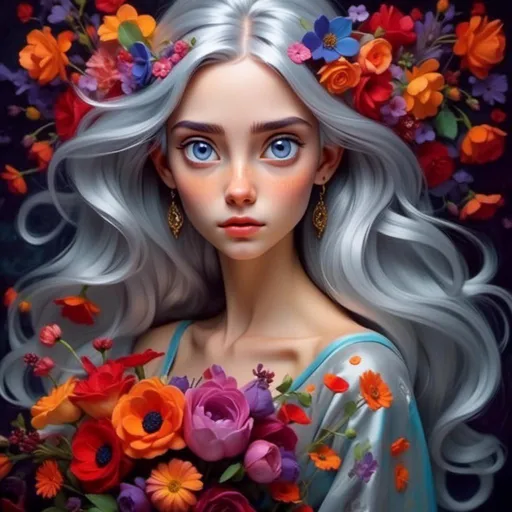 Prompt: <mymodel>Nataasha-Beautiful woman with flowers, oil painting, detailed fiery eyes, ethereal glow, dark and mysterious, high quality, vibrant colors, surreal, haunting, intricate floral details, intense gaze, mystical atmosphere, oil painting, demon, hybrid, fiery eyes, ethereal, vibrant colors, surreal, haunting, floral details, intense gaze, mystical atmosphere