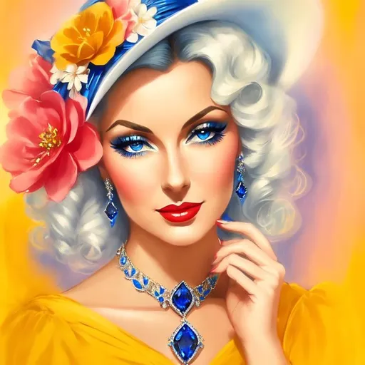 Prompt: Glamorously dressed lady of rhe 1930's wearing sapphire jewelry,blue eyes