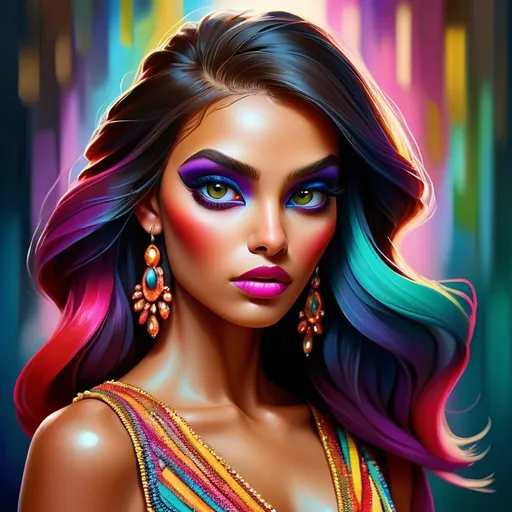 Prompt: digital painting, dramatic colourful makeup, high fashion, intense gaze, realistic portrayal, vibrant colors, detailed features, highres, professional, dramatic, realistic, digital painting, intense gaze, vibrant colors, detailed features, high fashion, glamorous lighting