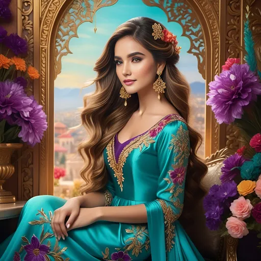 Prompt: Radiating elegance, a young woman with long, flowing hair adorned with a delicate floral accessory gazes thoughtfully into the distance. Her striking turquoise gown, intricately embroidered with vibrant purple and gold floral patterns, complements her radiant complexion and highlights her graceful shoulders. With shimmering earrings catching the light, she is framed by an ornate backdrop of richly colored flowers and golden detailing, creating a harmonious blend of texture and color that enhances the opulent atmosphere. Soft, diffused lighting adds a warm glow to the scene, infusing it with a sense of charm and sophistication, as if she embodies the very essence of beauty and grace amidst an enchanting setting.