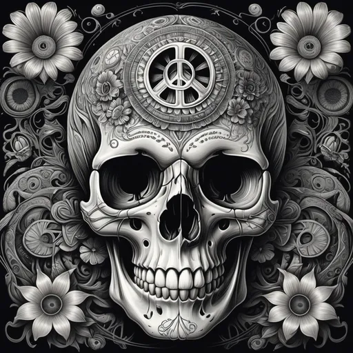 Prompt: drawing, (skull) prominently featured, simple yet trippy composition, (hallucinogenic elements), hippy vibe, classic flower child theme, intricate details, flowing lines, surreal imagery, dreamy patterns, contrasting shades, (aesthetic peace symbols), whimsical atmosphere, artistic expression, evokes a sense of nostalgia, 4K, ultra-detailed.