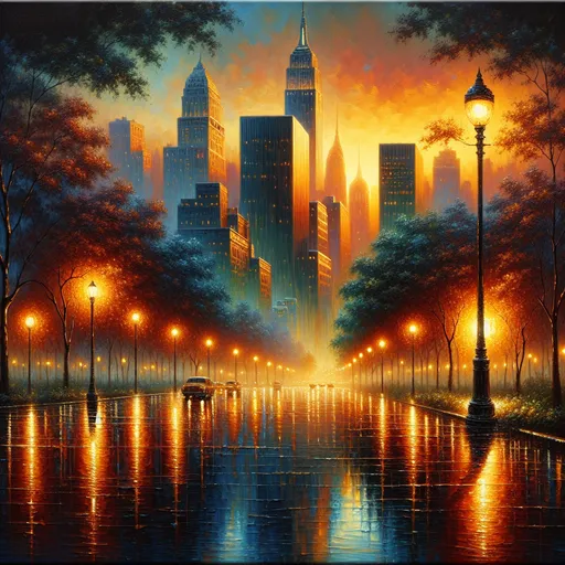 Prompt: a painting of a street light and trees in the rain at sunset with a cityscape in the background, Alena Aenami, american scene painting, intricate oil painting, a fine art painting