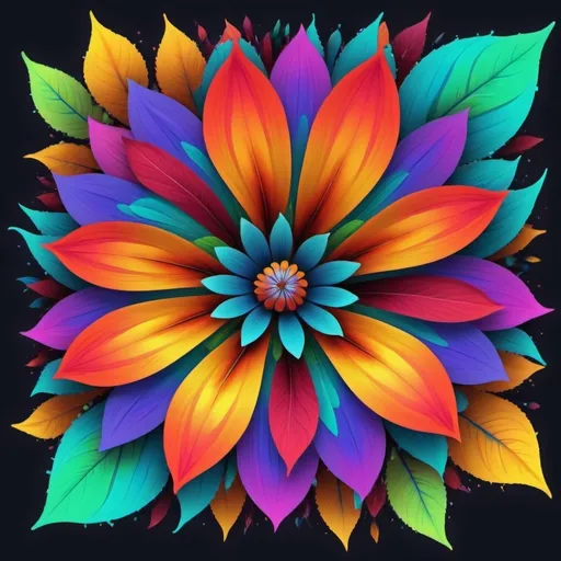 Prompt: a colorful flower with many different colors on it's petals and leaves, as well as a background, Android Jones, generative art, colorful flat surreal design, computer graphics