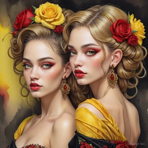 Prompt: <mymodel> beautiful woman, hair pinned up, yellow red black dress, earrings, Watercolor, trending on artstation, sharp focus, studio photo, intricate details, highly detailed, by  Josephine Wall and Jasmine Becket-Griffith