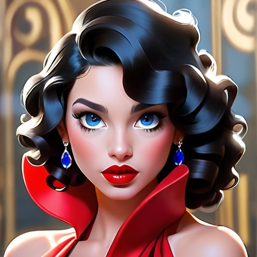 Prompt: woman with curly black hair, red lips,  Red dress, wearing sapphire jewelry, facial closeup
