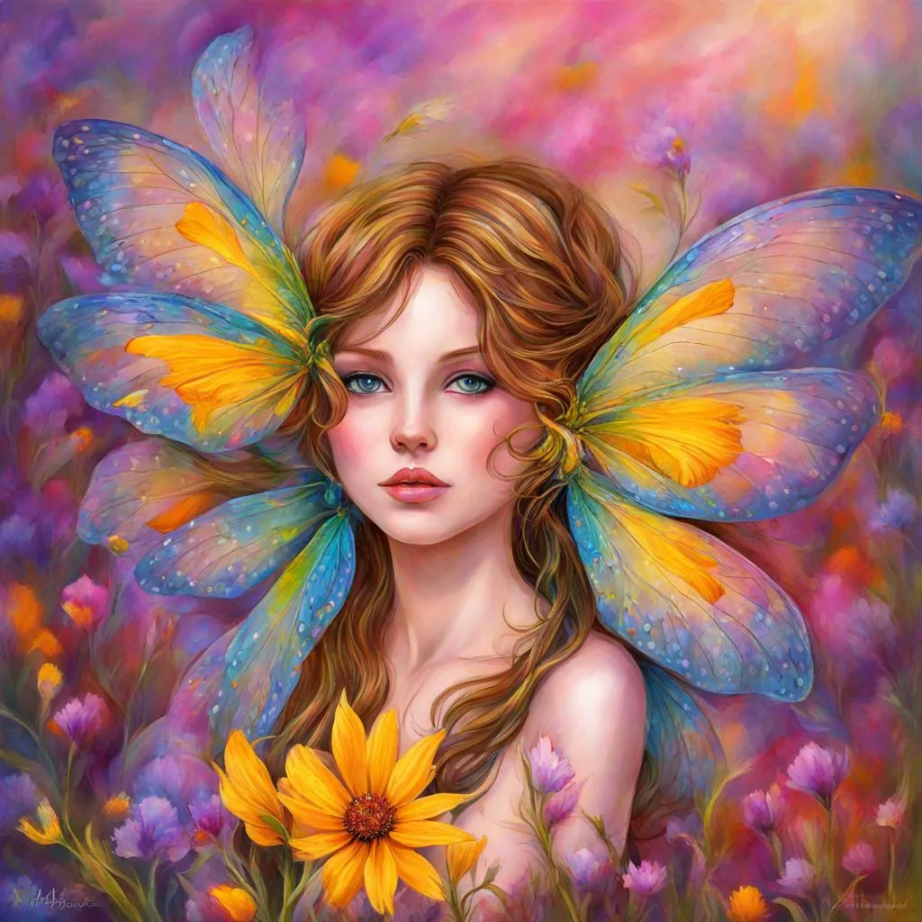 Prompt: a fairy of spring, ,wildflowers, vivid colors,  facial closeup